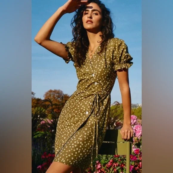 Olive Polka Dot Midi Dress - Picture 1 of 6